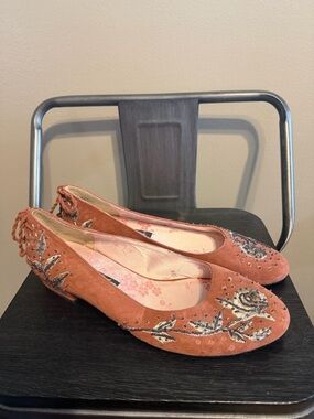 Beverly Feldman Embellished Ballet Flats Rust Rose Suede Beaded Floral Boho 8.5